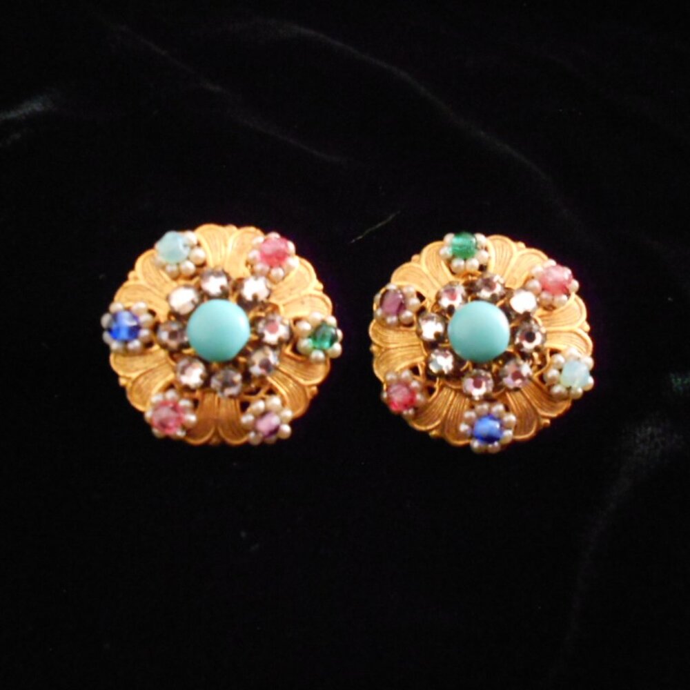 Vintage Glass Bead & Rhinestone Disk Earrings - possibly by Miriam Haskell
